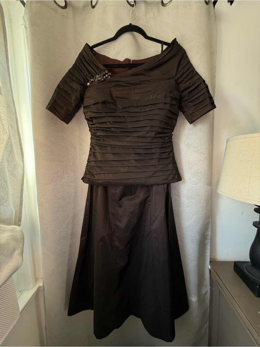 Women's Brown Pleated Off-Shoulder Evening Top & Skirt